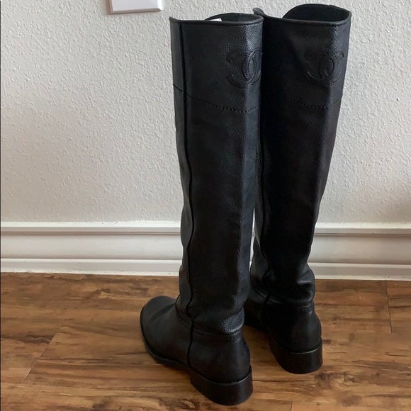Chanel Black Knee High Riding Western Boots Shoes 36.5 - Picture 3 of 16